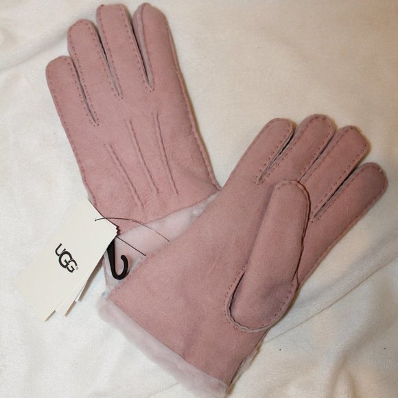 NWT UGG WOMEN'S SUEDE SHEARLING LINED WINTER GLOVES PINK - Picture 2 of 6